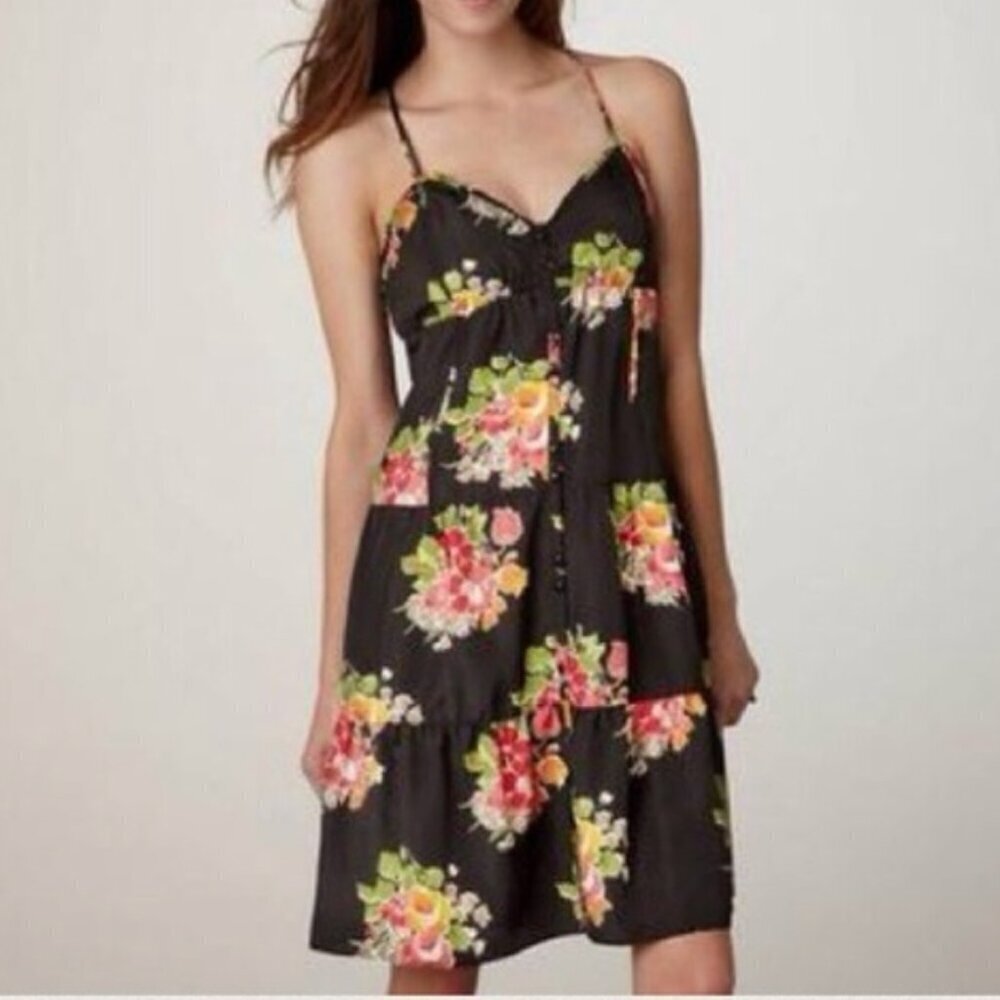 American Eagle Women's Size 0 Sleeveless Midi Dress Black Floral Button Front